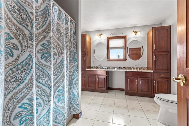 bathroom featuring tile patterned floors, walk in shower, vanity, and toilet