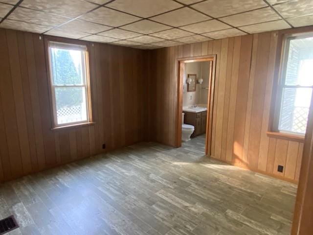 unfurnished room featuring wooden walls and a healthy amount of sunlight