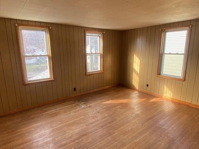 empty room with light wood-type flooring, plenty of natural light, and wood walls