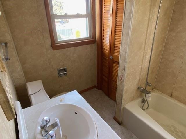 full bathroom featuring vanity, toilet, and bathtub / shower combination