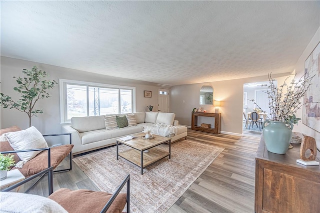 living room featuring light hardwood / wood-style floors and a textured ceiling