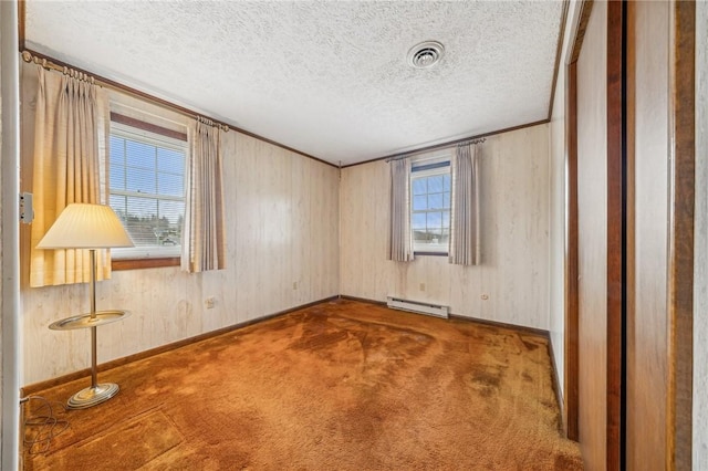 carpeted empty room featuring plenty of natural light, a textured ceiling, and a baseboard heating unit