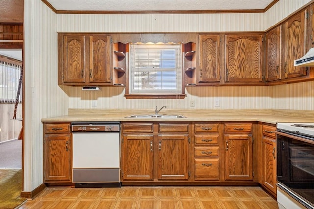 kitchen with custom range hood, white appliances, a wealth of natural light, and sink