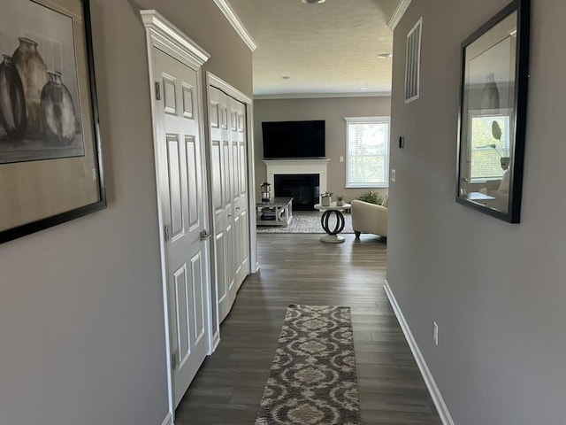 hallway with crown molding and dark hardwood / wood-style floors