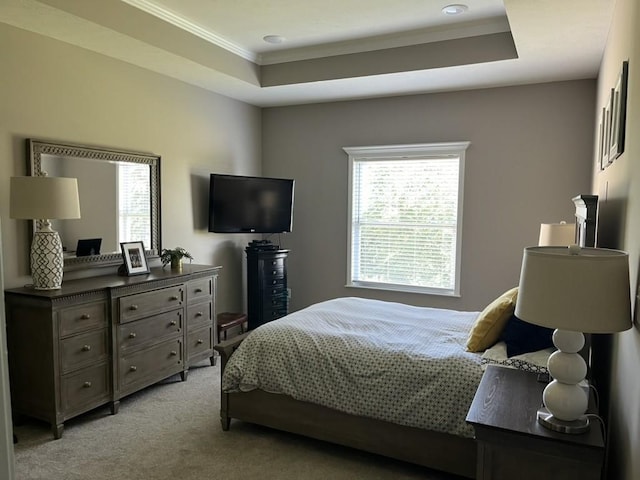 carpeted bedroom featuring a raised ceiling and ornamental molding