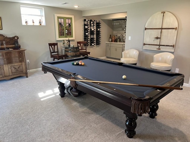 game room featuring light colored carpet and pool table