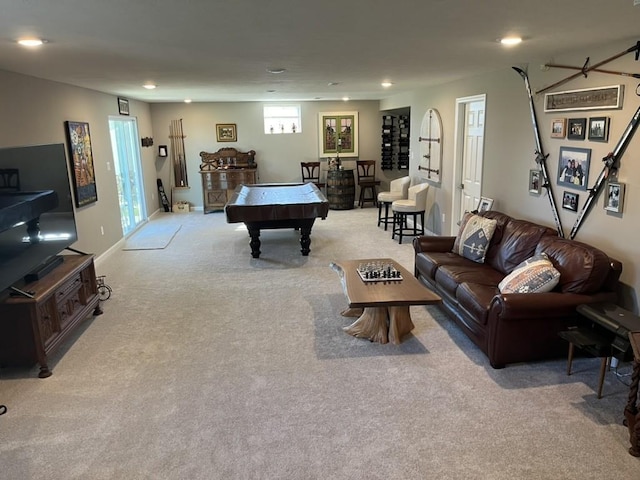 playroom with light colored carpet and pool table