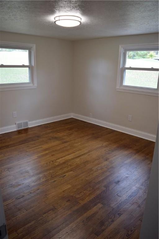 spare room with a textured ceiling, dark hardwood / wood-style floors, and plenty of natural light