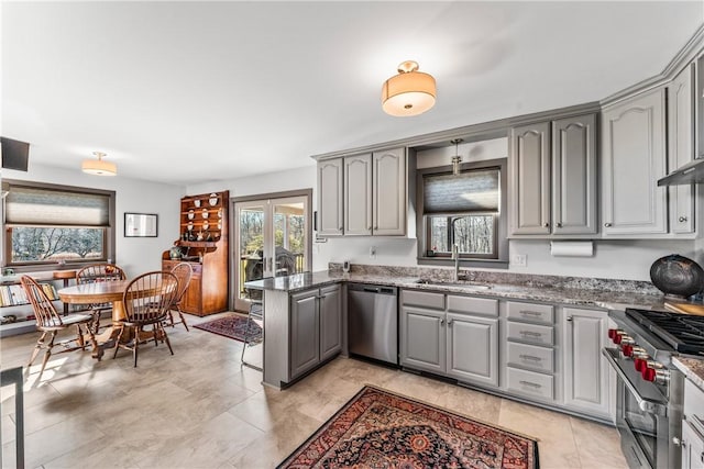 kitchen with gray cabinetry, plenty of natural light, sink, and appliances with stainless steel finishes