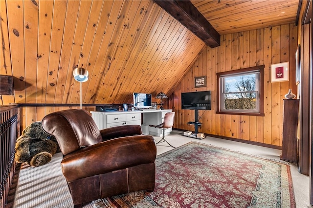 living room with lofted ceiling with beams, wooden walls, light colored carpet, and wooden ceiling