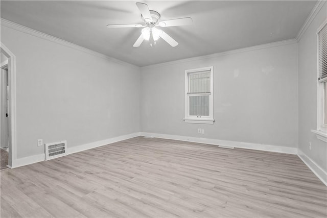 unfurnished room with ceiling fan, light hardwood / wood-style floors, and ornamental molding