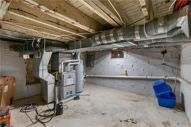 basement with heating unit and water heater