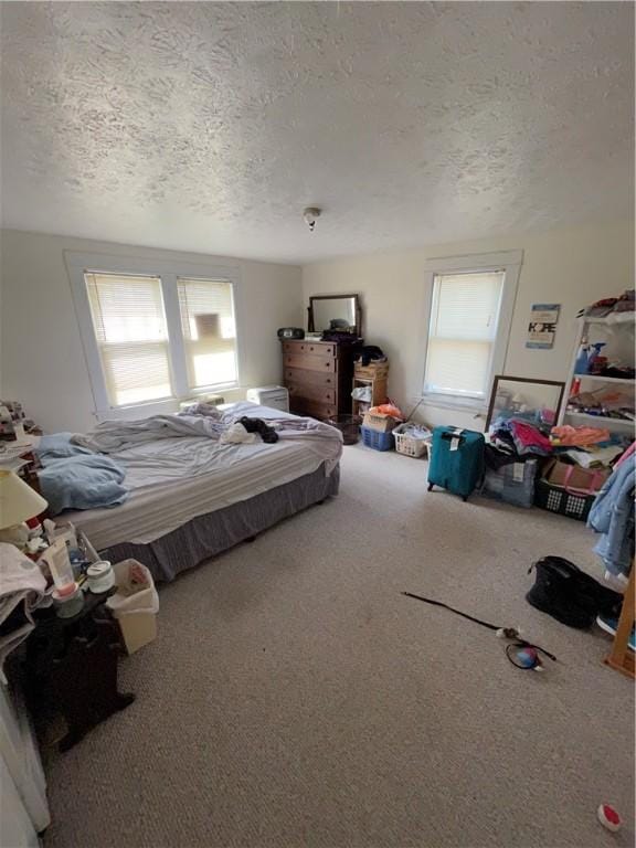 bedroom with carpet flooring and a textured ceiling