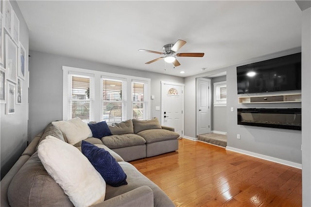 living room with ceiling fan and wood-type flooring