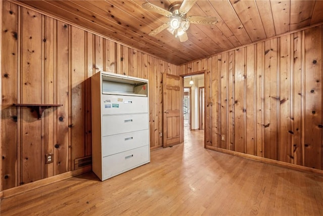 interior space featuring ceiling fan, wood walls, light wood-type flooring, and wooden ceiling