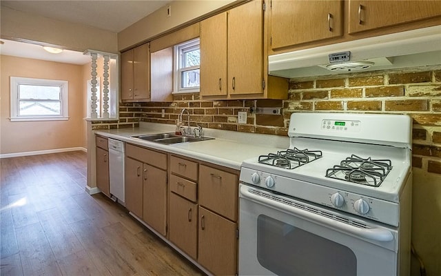 kitchen featuring white appliances, light hardwood / wood-style floors, backsplash, and sink