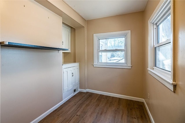 clothes washing area with dark wood-type flooring