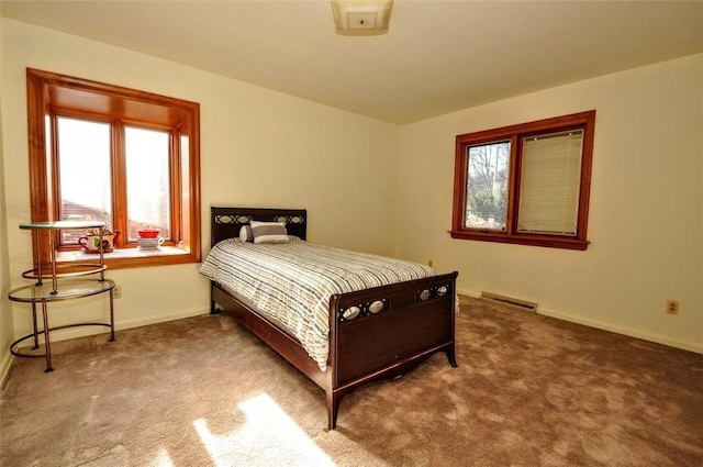 bedroom with multiple windows and carpet floors