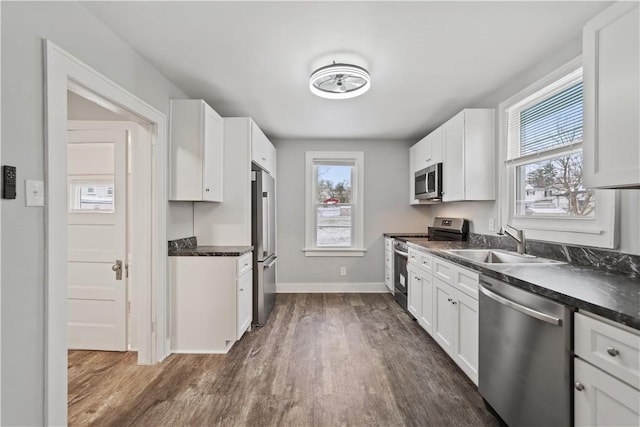 kitchen with sink, white cabinets, stainless steel appliances, and dark hardwood / wood-style floors