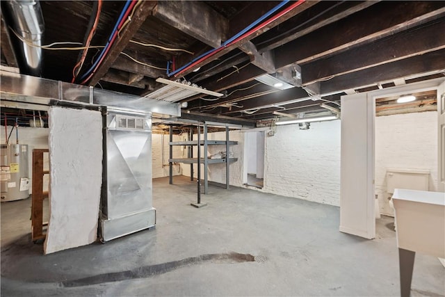 basement with heating unit and water heater