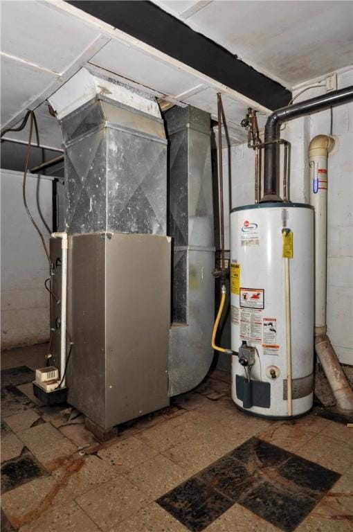 utility room featuring heating unit and water heater