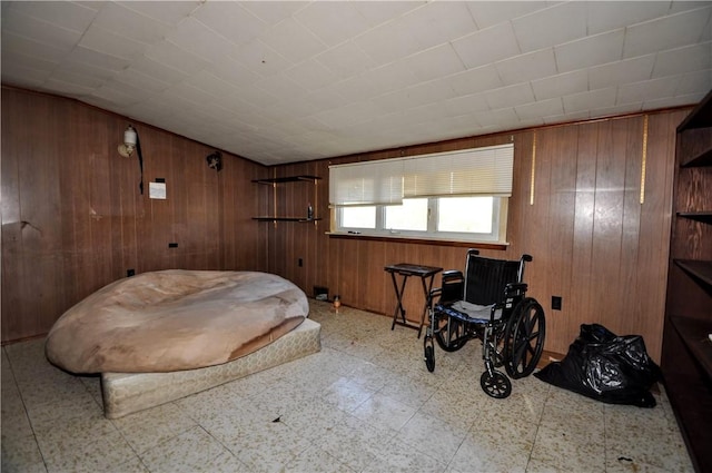 living area featuring wooden walls