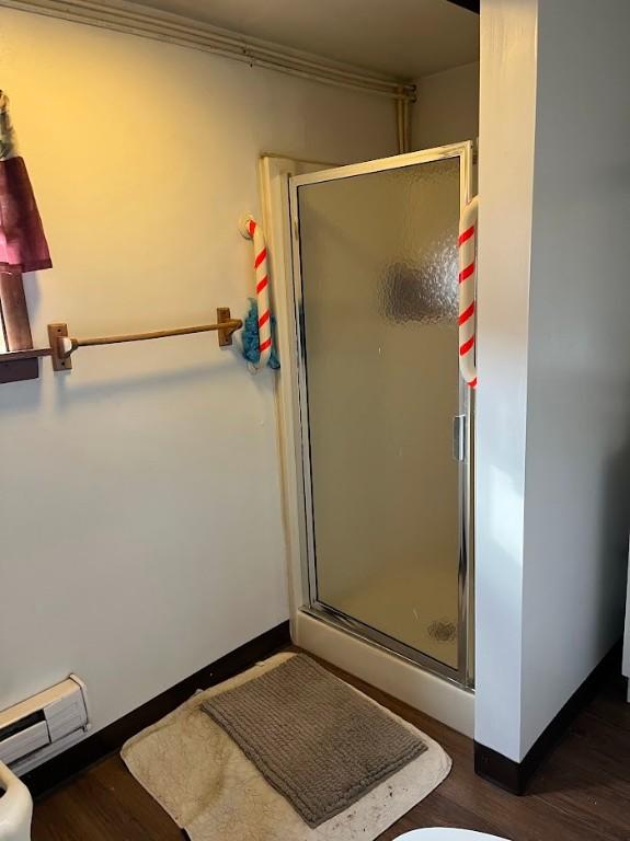 bathroom with wood-type flooring, walk in shower, and a baseboard radiator