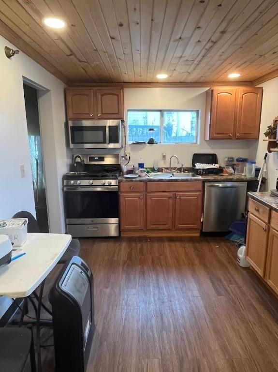 kitchen featuring wood ceiling, sink, appliances with stainless steel finishes, and dark wood-type flooring