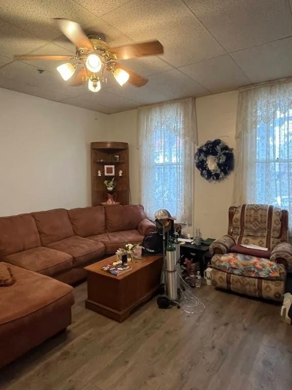 living room featuring hardwood / wood-style floors, a wealth of natural light, and ceiling fan