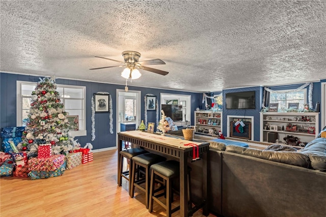 living room with ceiling fan, hardwood / wood-style floors, and a textured ceiling