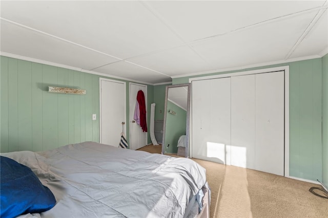 bedroom featuring carpet floors and wood walls