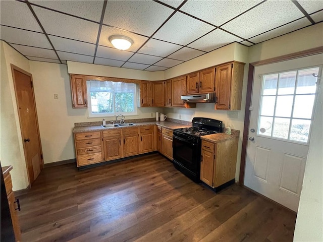 kitchen featuring black gas range, a healthy amount of sunlight, and dark hardwood / wood-style floors