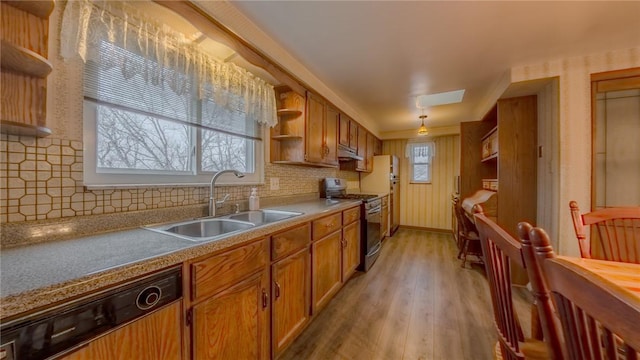 kitchen with stainless steel range, light hardwood / wood-style flooring, a healthy amount of sunlight, and sink