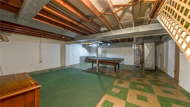 basement with billiards and water heater