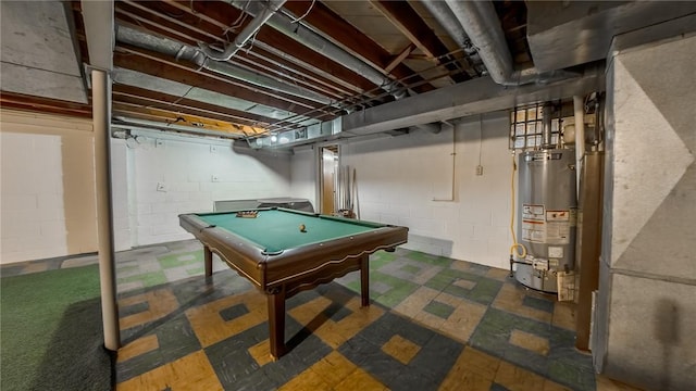 playroom with gas water heater and billiards