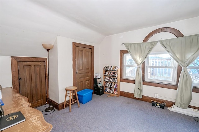 miscellaneous room featuring light colored carpet and vaulted ceiling