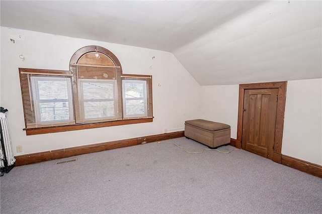 additional living space featuring light colored carpet and vaulted ceiling