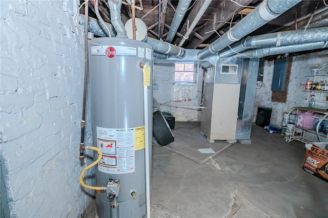 interior space with electric panel, heating unit, and gas water heater