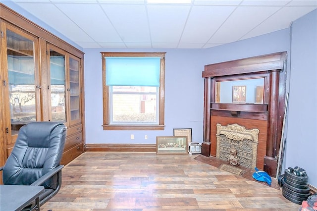 office area with a paneled ceiling and wood-type flooring