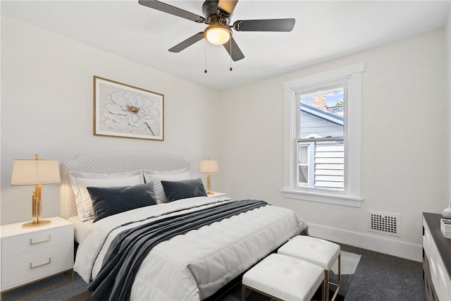 carpeted bedroom featuring ceiling fan