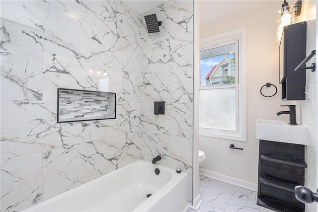 full bathroom with washtub / shower combination, vanity, toilet, and plenty of natural light