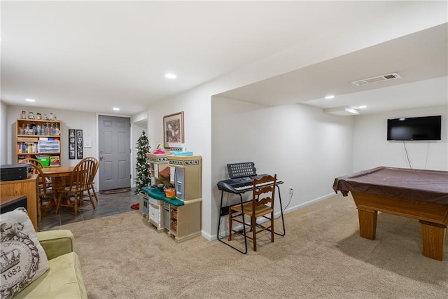 rec room featuring light colored carpet and billiards