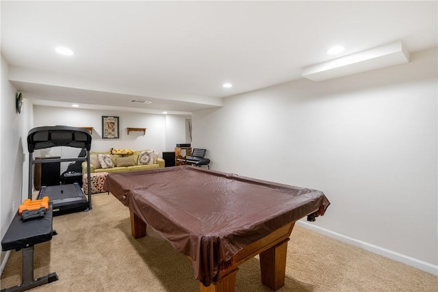 recreation room featuring light carpet and pool table