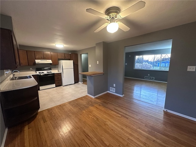 kitchen featuring ceiling fan, sink, light hardwood / wood-style floors, and white appliances