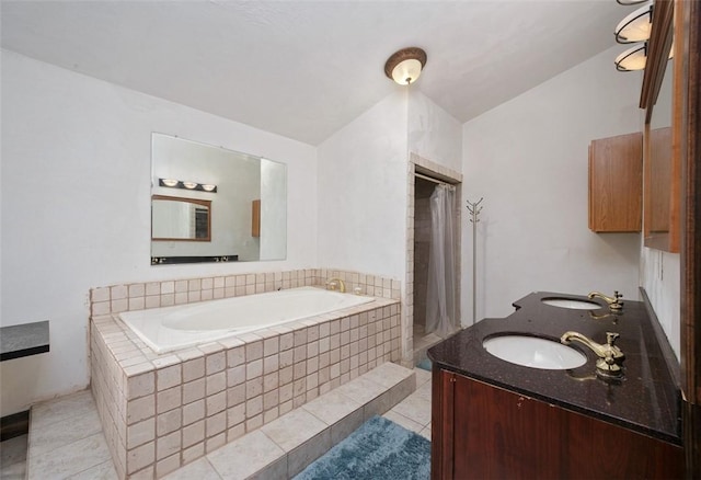 bathroom with plus walk in shower, vanity, tile patterned floors, and lofted ceiling