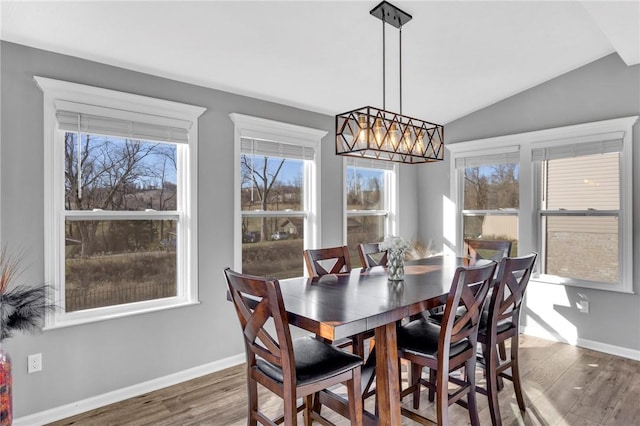 dining room featuring lofted ceiling, a healthy amount of sunlight, and dark hardwood / wood-style floors