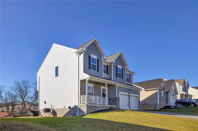 view of front facade featuring covered porch, central AC, a garage, and a front yard