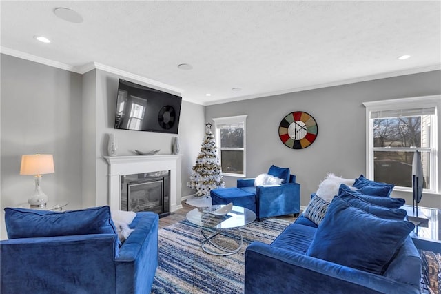 living room with hardwood / wood-style flooring, a healthy amount of sunlight, crown molding, and a textured ceiling