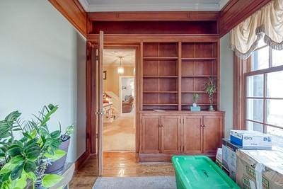 interior space with light hardwood / wood-style floors and ornamental molding