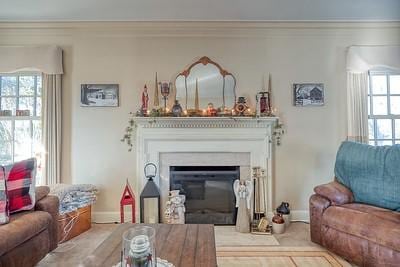 living room with ornamental molding